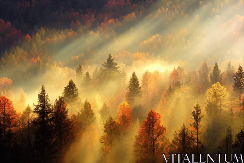 Sunlit Autumn Forest in Mountain Landscape AI Image