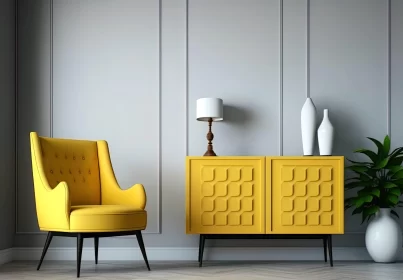 Midcentury Modern Interior - Yellow Cabinet & Gray Couch