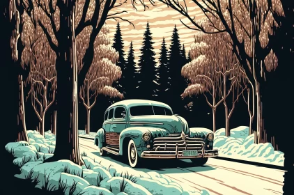 Vintage Car Journey Through Snowy Woods - Art Deco Style AI Image