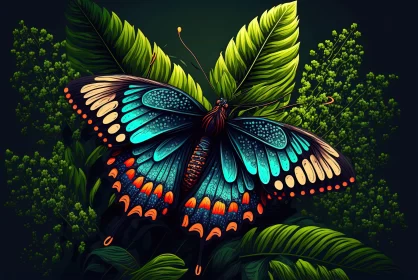 Colorful Butterfly in Dark Leafy Jungle - Pixel Art Illustration AI Image