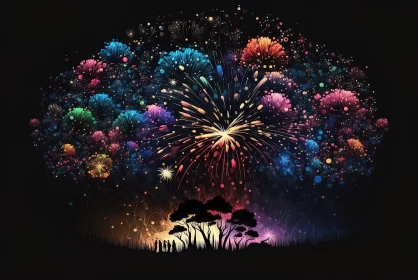 Colorful Fireworks in Forest - A Watercolor Landscape