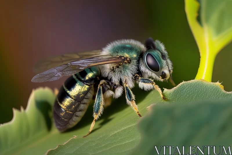 Detailed Portraiture of a Green Bee on a Leaf AI Image