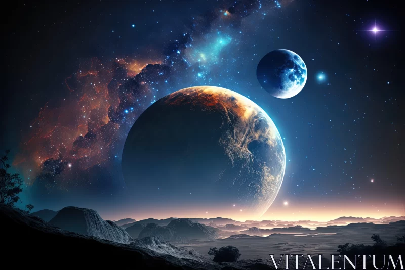 Dreamlike Planetary Landscape - Night Sky with Three Planets AI Image