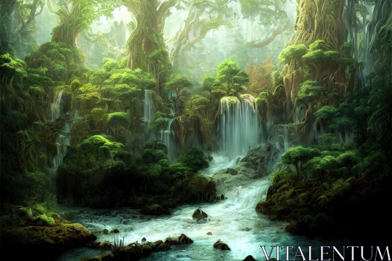 Fantasy Forest Waterfall Wallpaper - Nature's Enchanting Beauty AI Image
