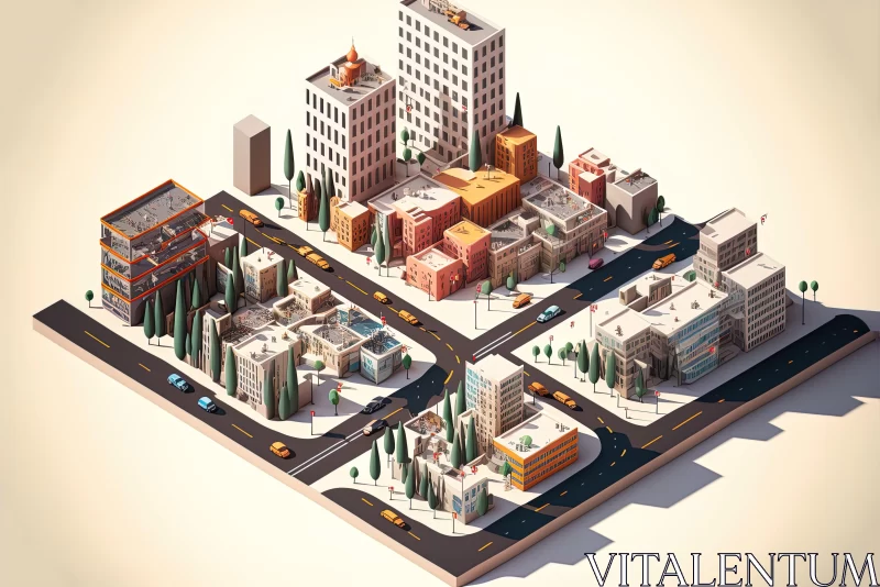 Isometric City Street View in Muted Tones - 3D Illustration AI Image