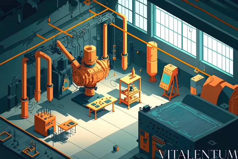 Isometric Industrial Interior in Amber and Azure AI Image