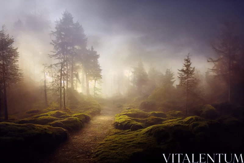 AI ART Moss-Covered Path in Foggy Forest: A Scottish Landscape