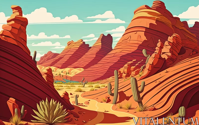Vibrant Desert Landscape Illustration in Cowboy Imagery Style AI Image