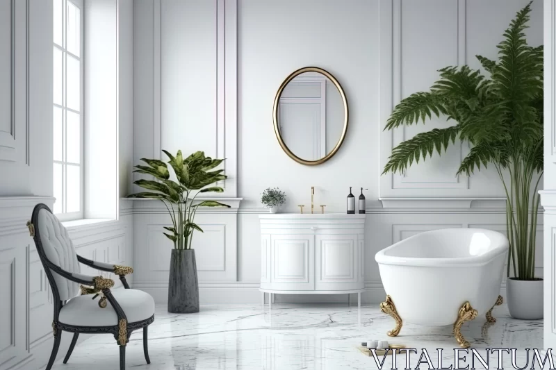 White Bathroom with Gold Accents in Scandinavian and Oriental Style AI Image