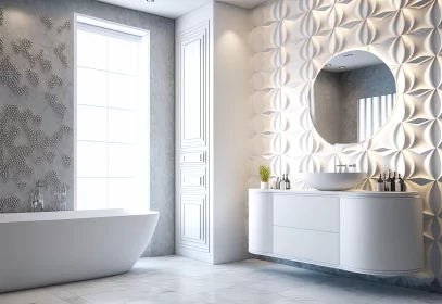 Zen-Inspired White Bathroom with Curved Mirrors and Silhouette Lighting AI Image