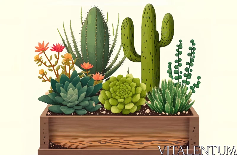 Detailed Illustration of Cactus Plants in a Wooden Planter AI Image