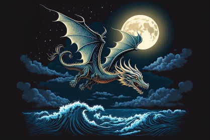Dragon Under the Moon: A Detailed Illustration AI Image