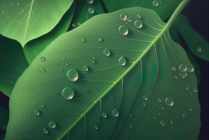 Exquisite Green Leaf with Water Drops Wallpaper