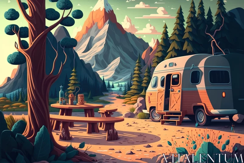 Nostalgic Illustration of a Camper in a Mountainous Forest AI Image