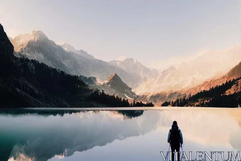 Swiss Style Landscape: Hiker by Mountain Lake AI Image