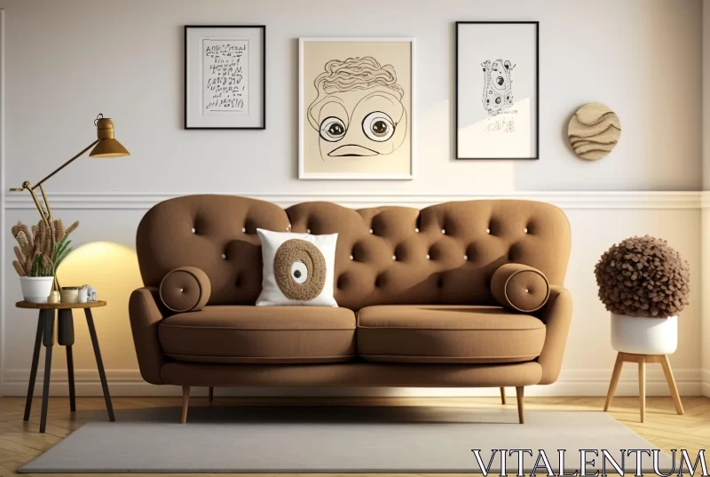Whimsical Living Room with Caricature Art and Brown Sofa AI Image