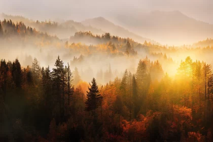 Autumn Sunrise Over a Forested Mountain - Ethereal Landscape