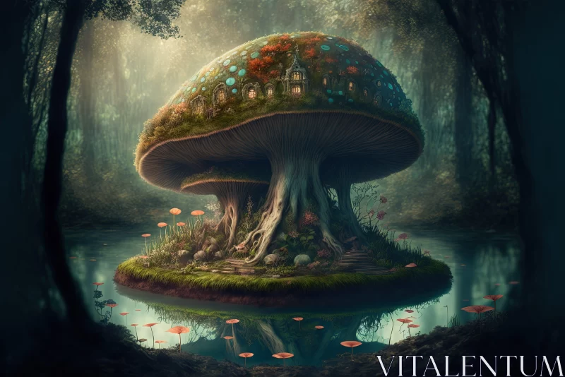 Fantasy Realist Mushroom Art in Nature-Inspired Landscape AI Image