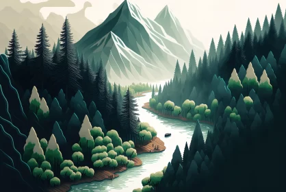 Graphic Design Inspired River in Mountain Landscape Illustration