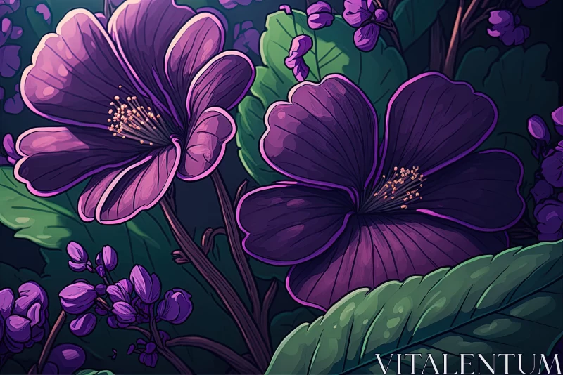 Purple Flowers Against Dark Background: A Tranquil Garden Meets Mysterious Jungle AI Image