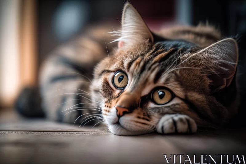 Tabby Cat Resting on a Wooden Floor: An Emotional Imagery AI Image