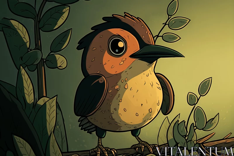 Cartooned Bird on a Tree Branch in Earthy Tones AI Image