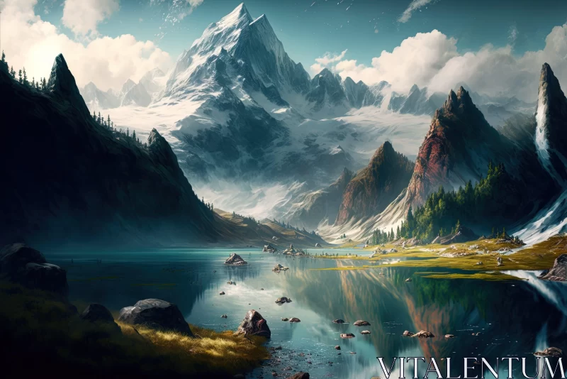Fantasy Mountain Scenery Wallpaper - A Serene Lakeside Landscape AI Image