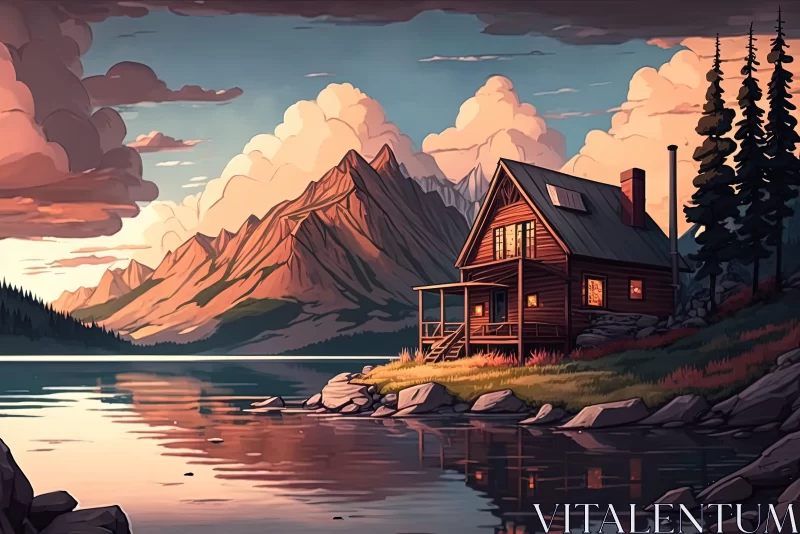 Painterly Style Illustration of Cabin by a Lake AI Image