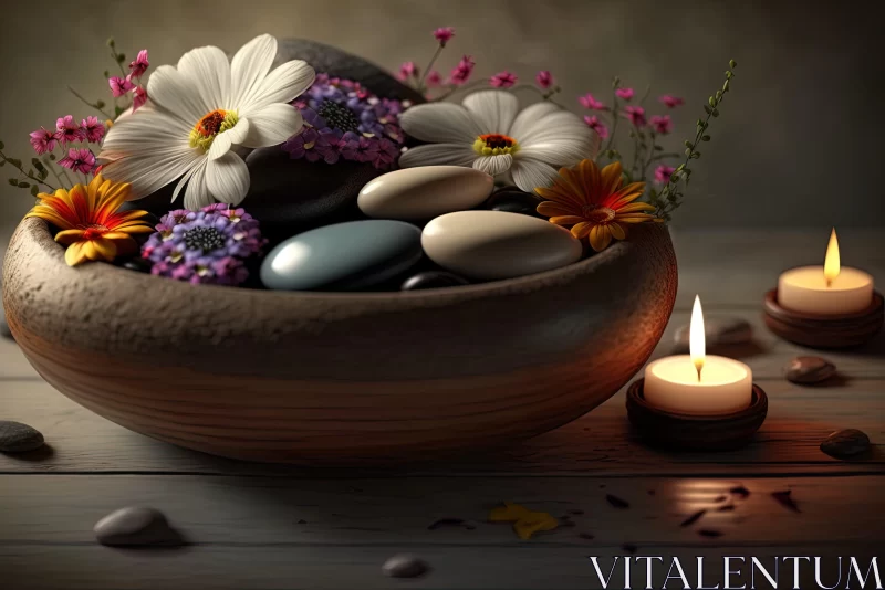Surreal Floral Arrangement with Stones and Candles AI Image