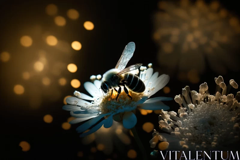 Bee on White Flower at Night - A Romantic Composition AI Image