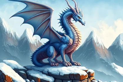 Blue Dragon on Snowy Cliffs: A Study in Cartoon Realism AI Image