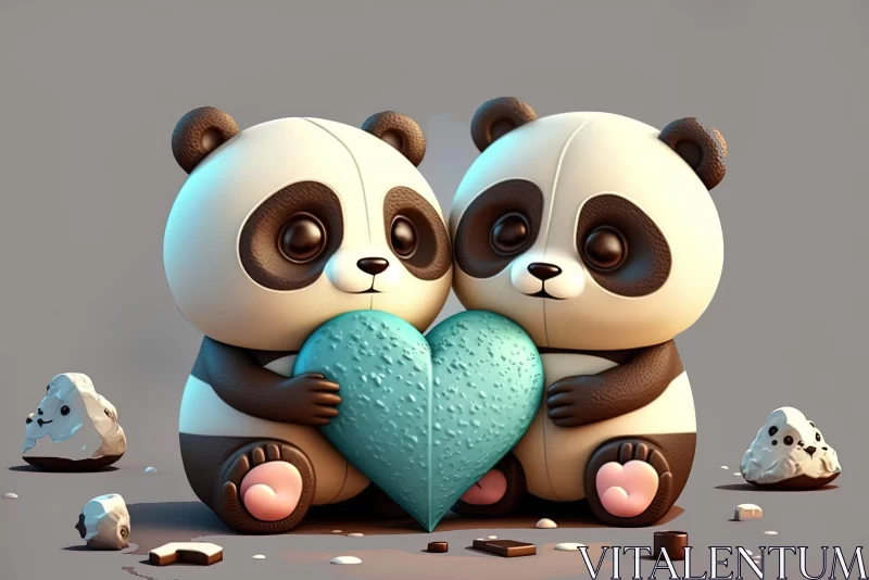 Charming Panda Bears Holding Blue Heart Illustration AI Image