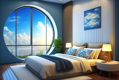 Dreamlike Blue Bedroom with Cityscape View through Round Window