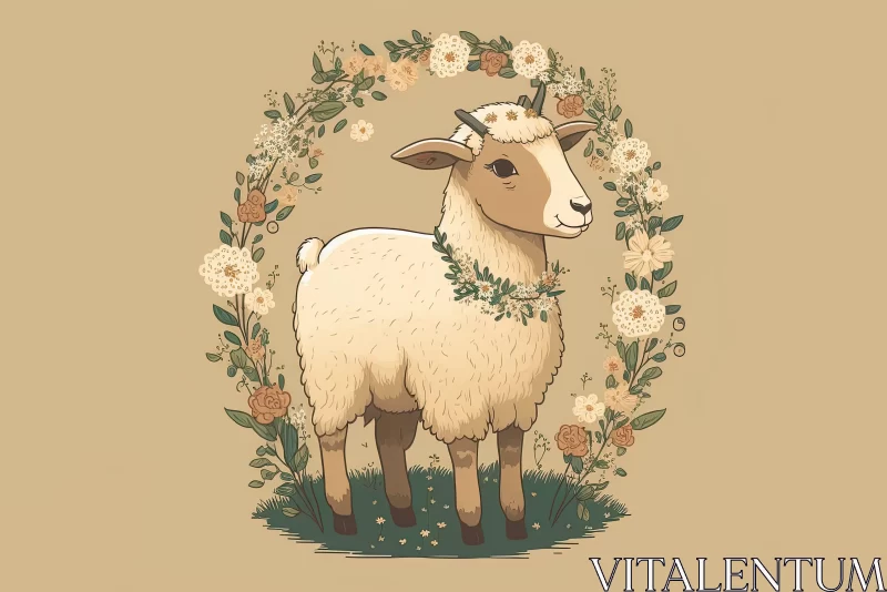 Illustrated Goat with Floral Wreath Amidst Wheat Field AI Image