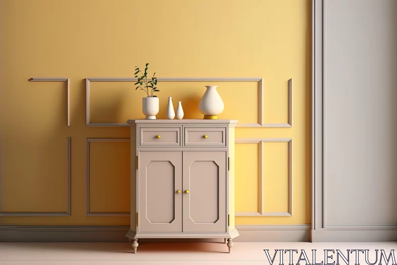 Neoclassical Furniture Cabinet Against a Bright Yellow Wall AI Image