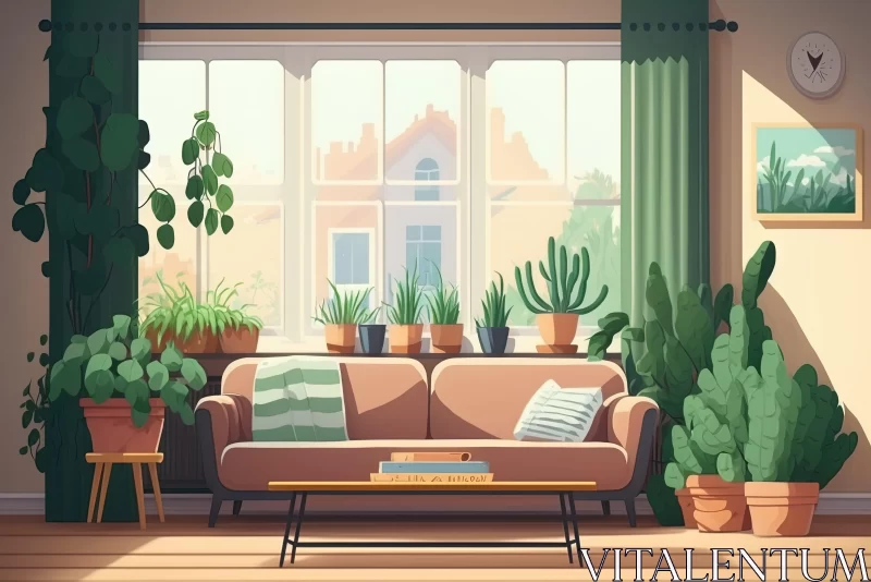 Cozy Living Room with Plants and Natural Lighting AI Image