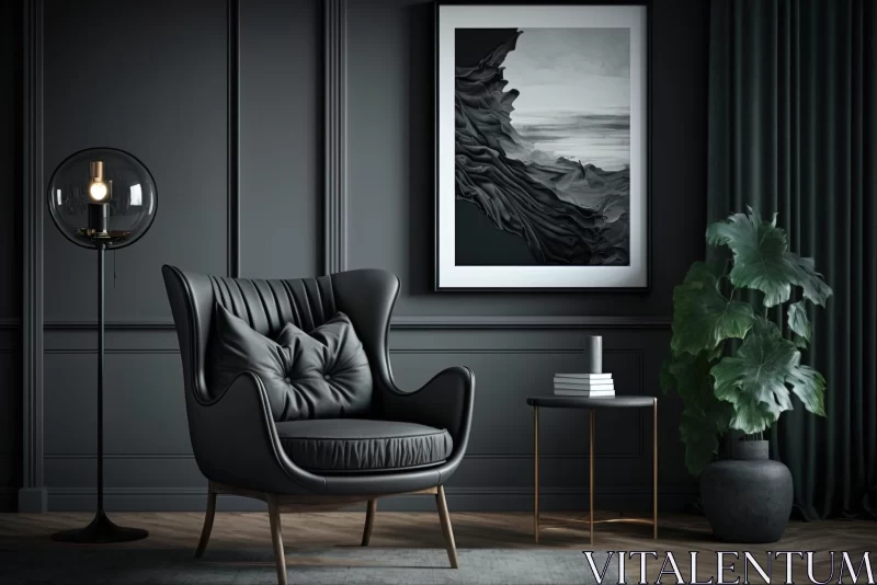 Elegant Black Chair in Monochromatic Living Room with Art Print AI Image