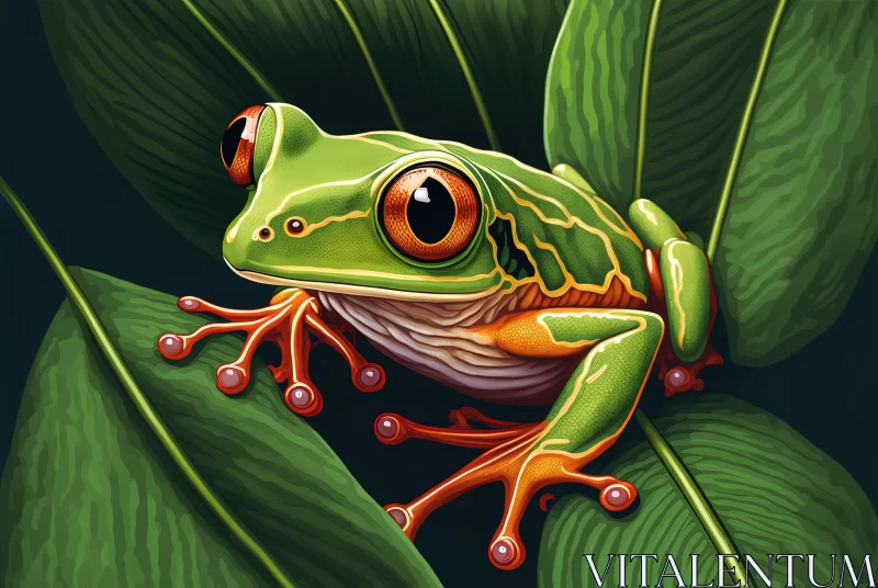 Green Frog on Leaves: A Study in Vivid Realism AI Image