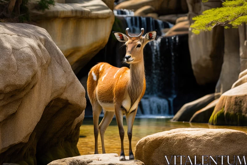 Lifelike Deer Near a Waterfall: A Fusion of African and Heian Influences AI Image