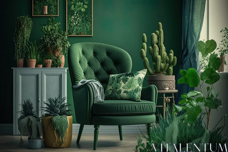 Maximalist Green Living Room with Botanical Abundance AI Image