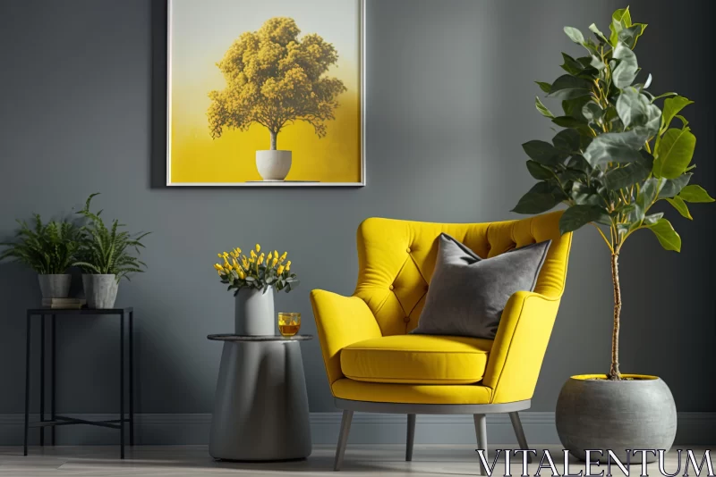 Bold Yellow Chair and Potted Plant in Monochromatic Interior AI Image