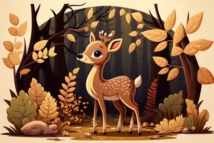 Charming Cartoon Fawn Exploring an Autumn Forest AI Image