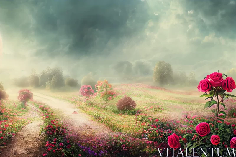 Ethereal Garden: A Fantasy Journey through a Field of Roses AI Image