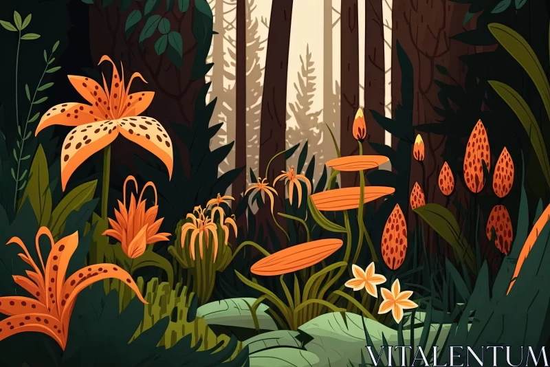 Exotic Forest Scene: Cartoon Illustration with Colorful Flora and Fauna AI Image