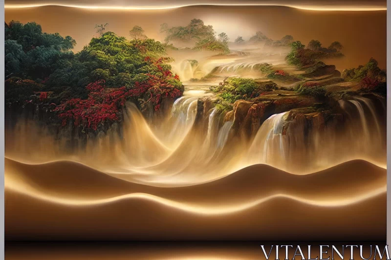 AI ART Fantasy Landscape: Chinese Waterfall Painting in Golden Light