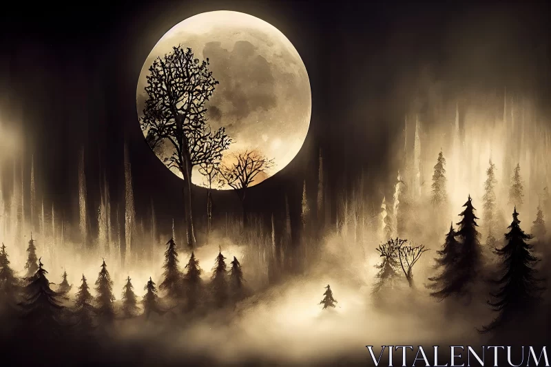 Full Moon Over Foggy Forest - Fantasy Airbrush Art AI Image