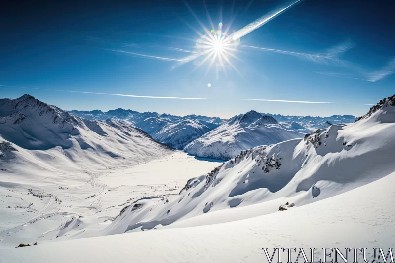 Sunlit Snowy Mountain under Blue Sky AI Image