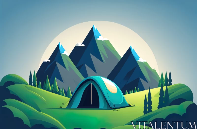 Whimsical Camper Tent in Futuristic Mountain Landscape AI Image