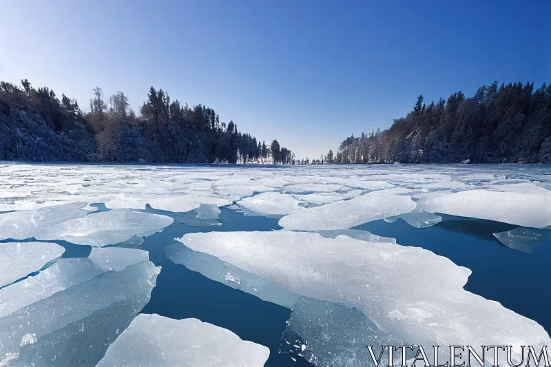 Wide-Angle View of Ice Floes on a Winter Lake AI Image