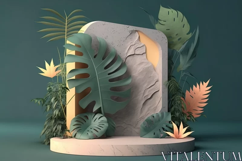 Abstract Tropical Carving: A Blend of Botanical and Concrete Art AI Image